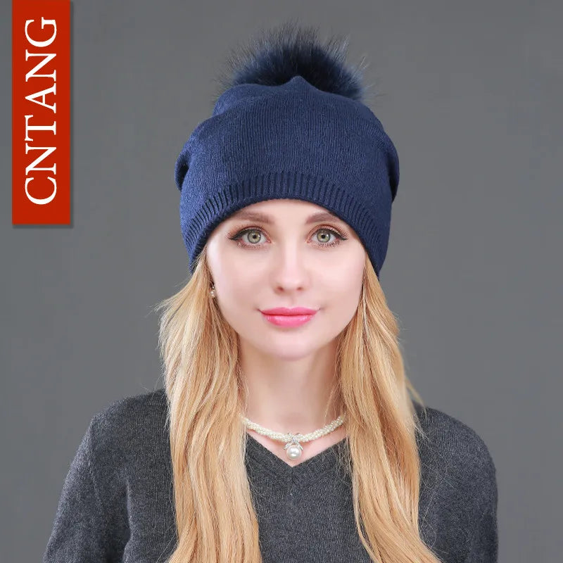 Autumn Winter Knitted Wool Hats For Women Fashion Pompon Beanies Fur Hat Female Warm Caps With Natural Genuine Raccoon Fur Cap