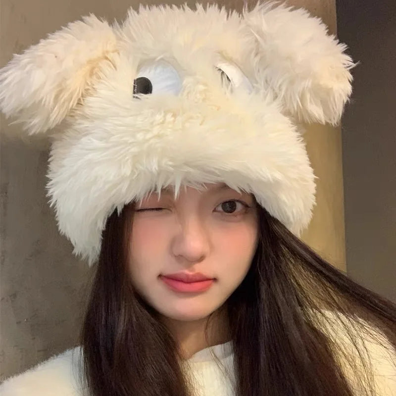 Women's Hats Autumn Winter New Cartoon Puppy 3d Ears Cute Kawaii Sweet Funny Warm Plush Thick Soft Fashionable Pullover Hats