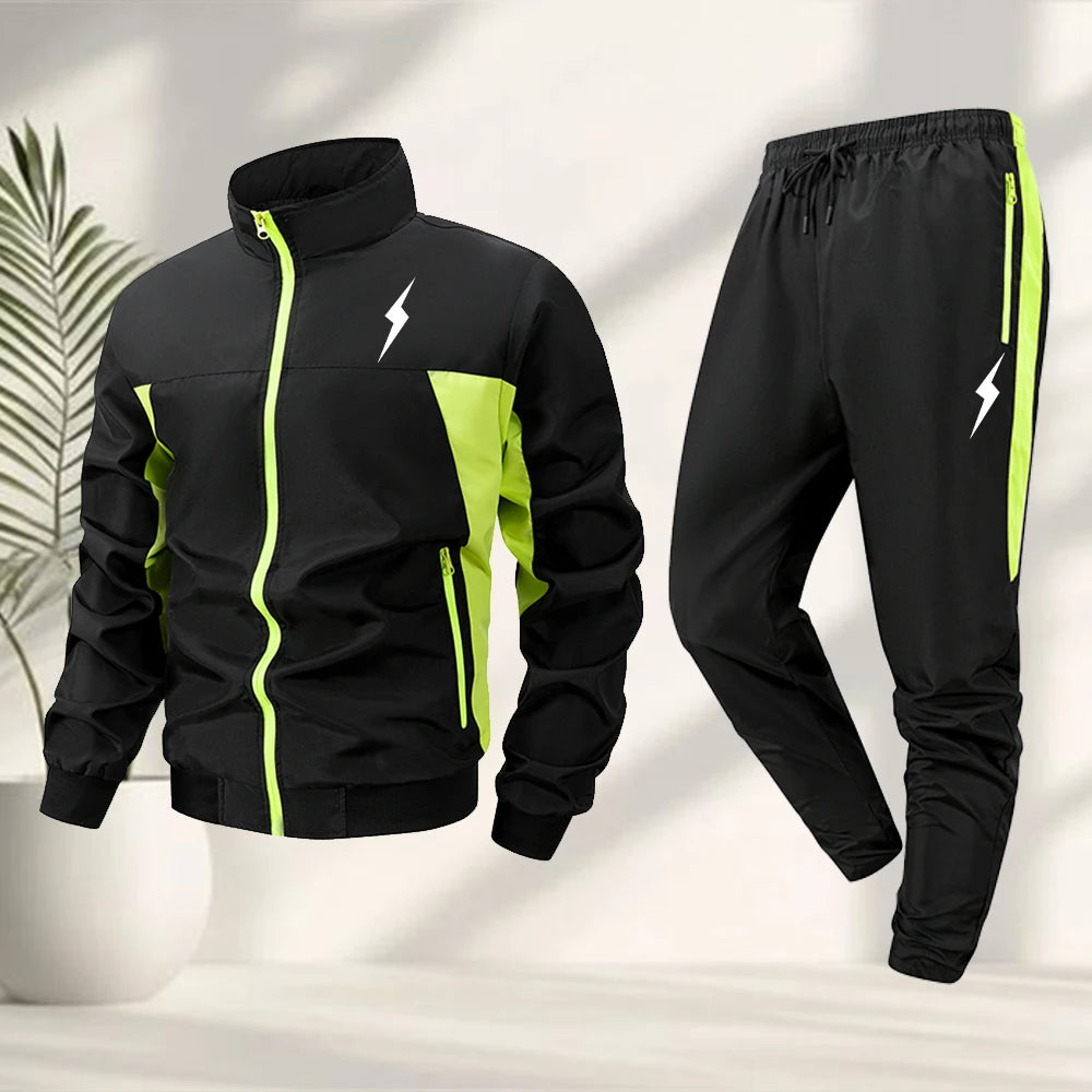 Men’s Lightning Print Sportswear Tracksuit Set – Zip-Up Jacket & Matching Trousers for Outdoor Fitness, Cycling & Casual Active Wear