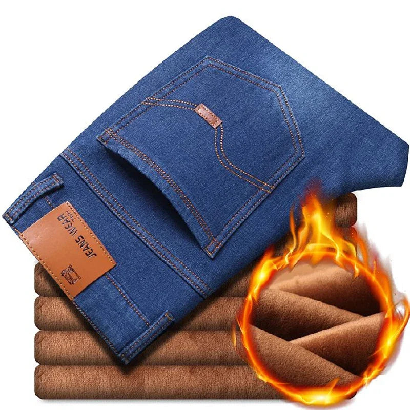 Men Winter Snow Warm Plush Loose Minimalist Jeans Male Fleece Lined ThickenedStraight Denim Pants Slim Fit Elasticity Trousers