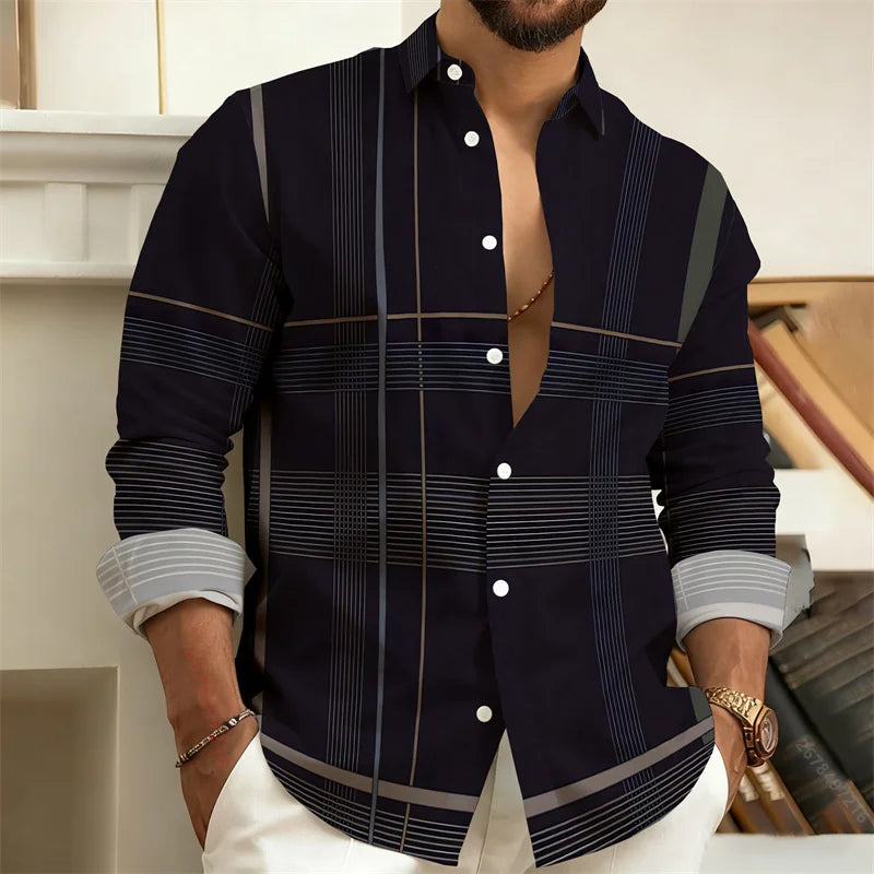 New Men's Color-Block Patchwork Long-Sleeved Shirt, Geometric Striped Casual Business Shirt, Slim-Fit Men's Top, Sizes S-6XL.