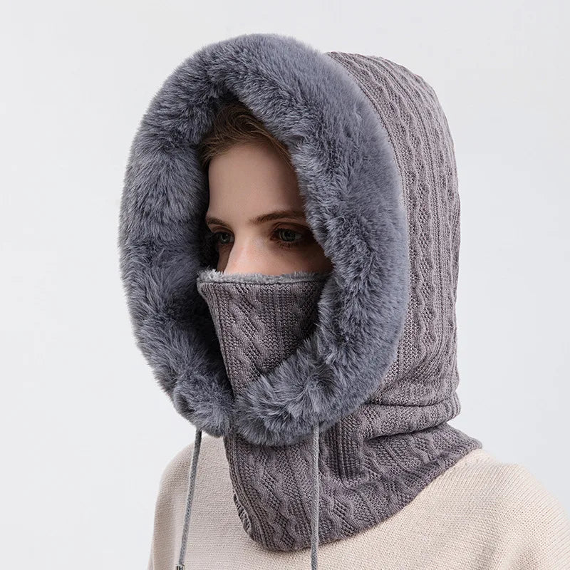 Winter Hat For Women Hooded Face Mask Fluff Keep Warm Thicken Style Neck Scarf Hooded Cap Beanie Knitted Cashmere Neck Warmer