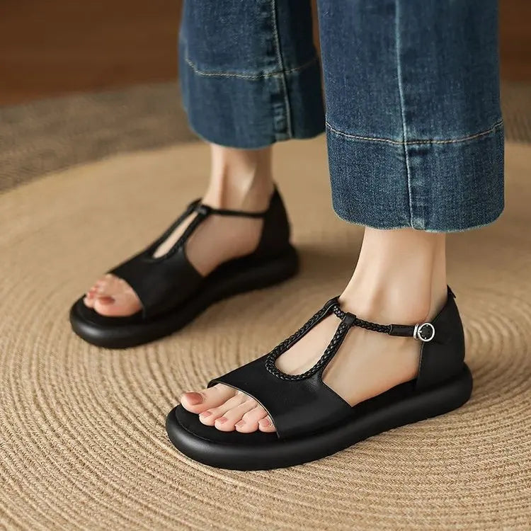 2026 Summer New Women's Flat Sandals, Fashion T-Strap Braided, Casual Comfortable Non-Slip Beach Shoes for Ladies