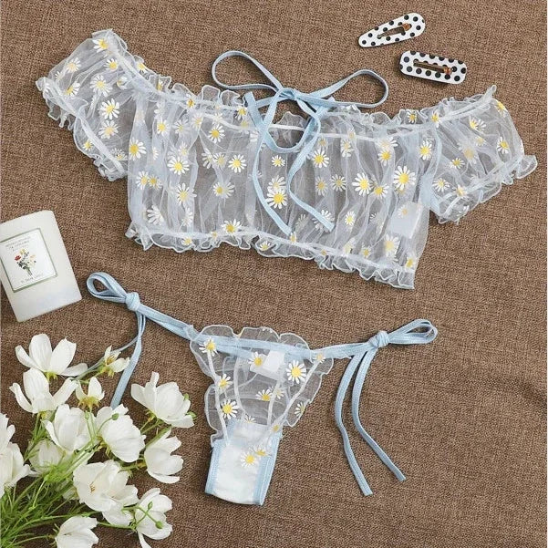 Porn Suit Women Sexy Lingerie Underwear Lace Floral Embroidery Off-Shoulder Transparent Tops Bra+Thong Set Exotic Outfits