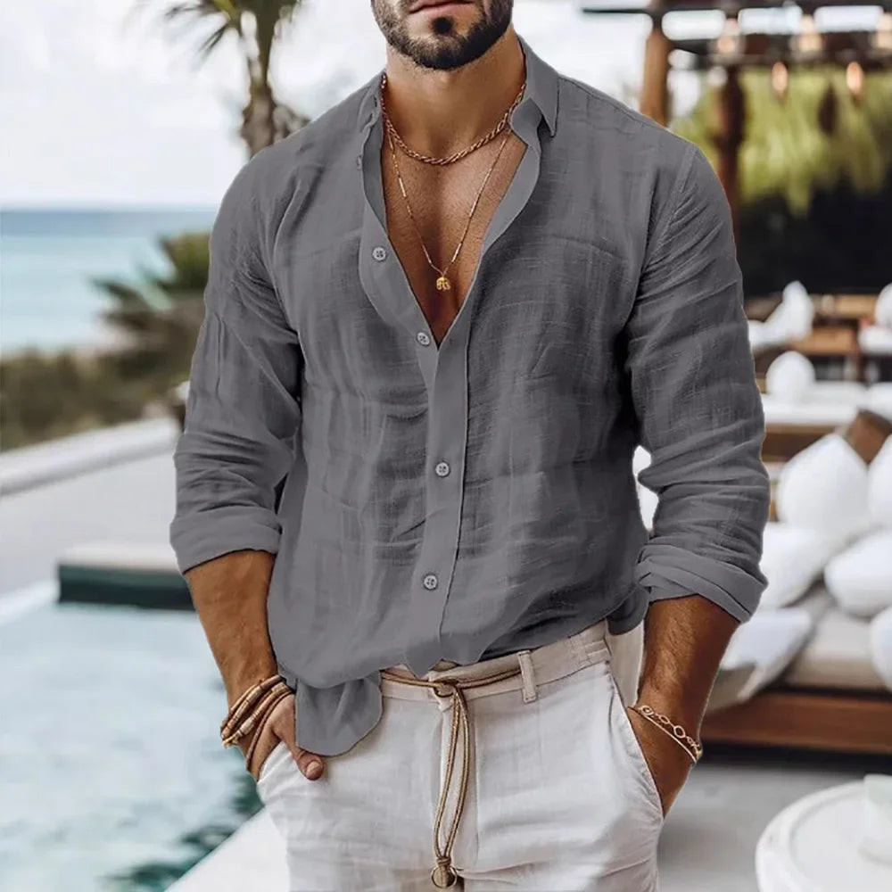 Men's Lightweight Cotton Linen Button-Down Beach Shirt