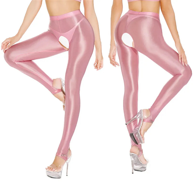 Womens Oil Glossy Open Crotch Leggings Sexy Crotchless Pants Elastic Waistband Stretchy Thigh Skinny Trouser for Yoga Nightwear