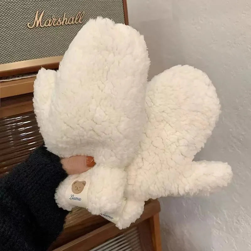 Kawaii Plush Warm Gloves Soft Winter Thick Fingerless Korean Japanese Bear Gloves With Ropes Casual Outdoor Riding Mittens Warm