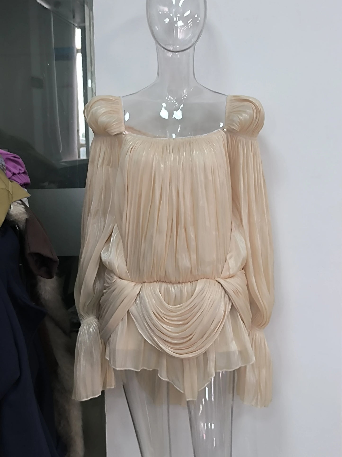 Women’s Pleated Puff Sleeve Mini Dress
