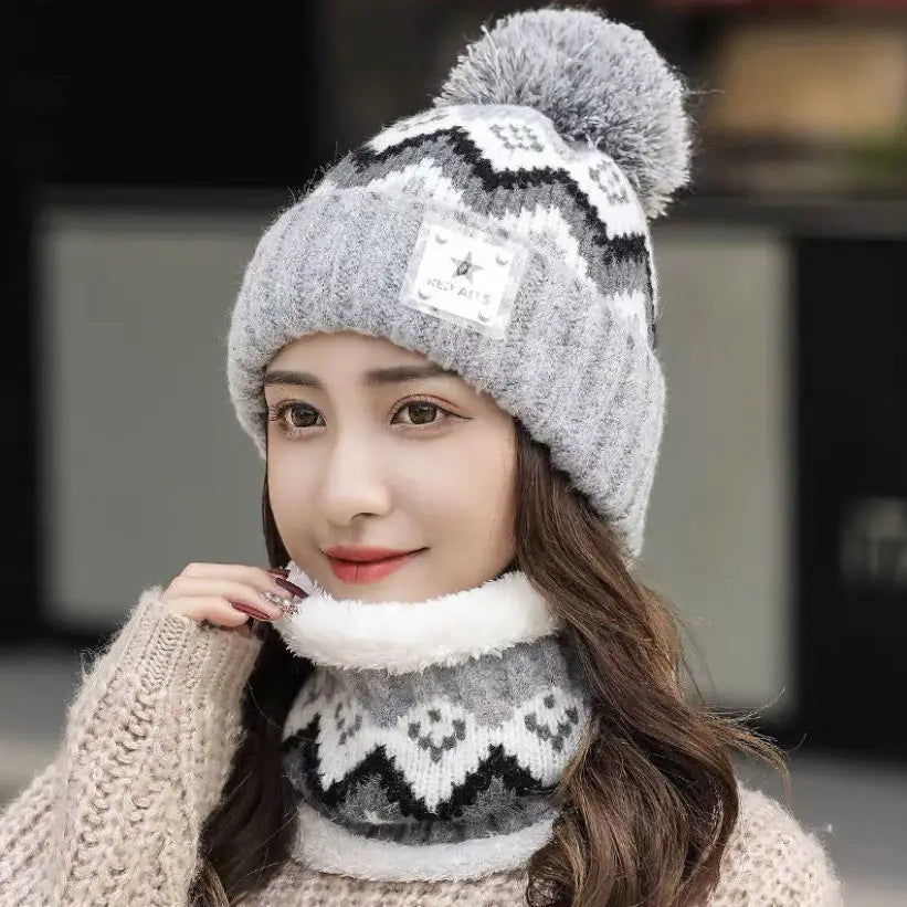 2PCS Winter Women Plush Velvet Hats Neck Warmer Hat Scarf Set Beanies Cycling Windproof Hat Outdoor Ear Protection Outdoor