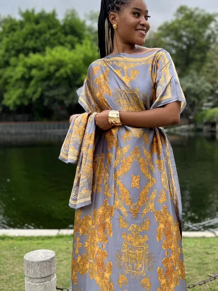 Women’s Luxury Satin-Style Printed Abaya Dress