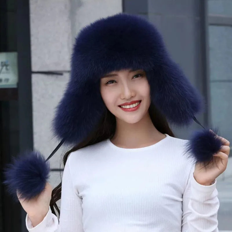 Real Fox Fur Hat For Women Winter Fashion Warm Lei Feng Hats Russians Outdoor Skiing Caps Natural Fur Hat Furry Thick Fur Cap