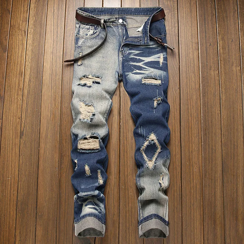 New Retro Jeans Men's Straight Leg Pants Ripped Jeans Fashionable Casual Pants Trousers Pants Street Wear Clothing