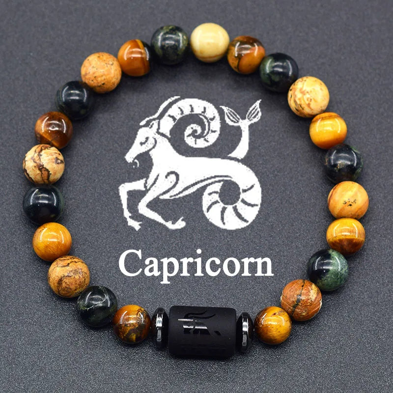 12 Zodiac Constellation Signs Bracelet for Men & Women β Natural Tiger Eye Stone Beaded Bracelet, Leo Taurus Charm Couple Jewelry