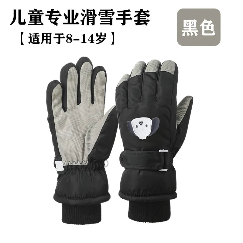 Kids Ski Gloves Boys Girls Winter Warm Fleece Lined Cotton Padded Thickened Anti-Slip Cute Snow Play Water Resistant Snowboard