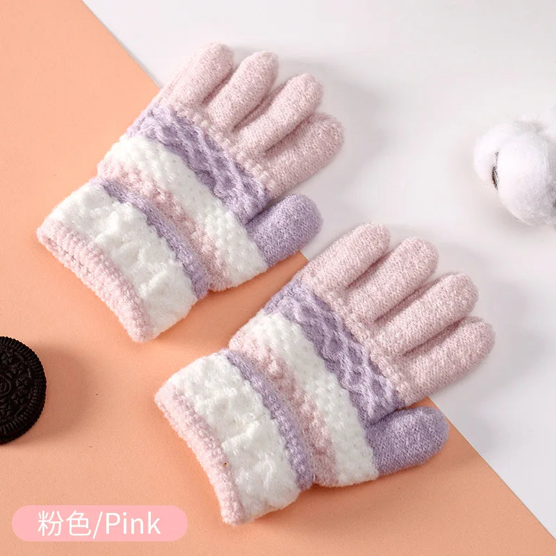 Winter Kids Gloves for Boys Girls Little Children Baby Full Finger Warm Stripes Knitted Casual Outdoor Accessories 3-7 Years