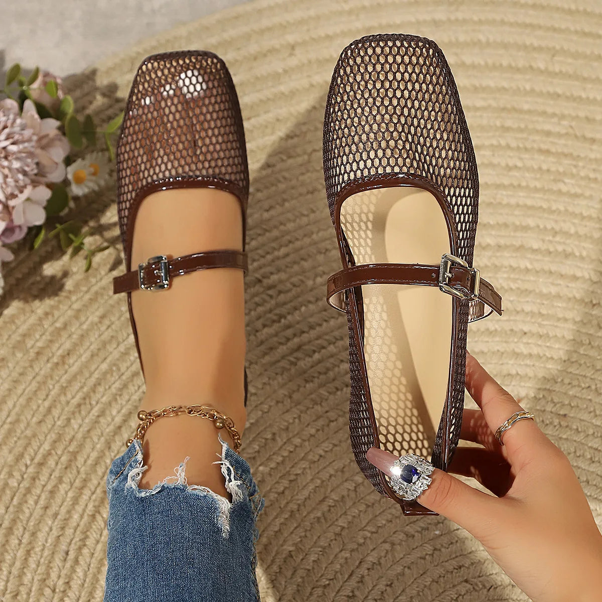 Women's Autumn Mesh Hollow Breathable Casual Ballet Flats 2026 New Solid Color Anti-Slip Comfortable Lightweight Low-top Shoes