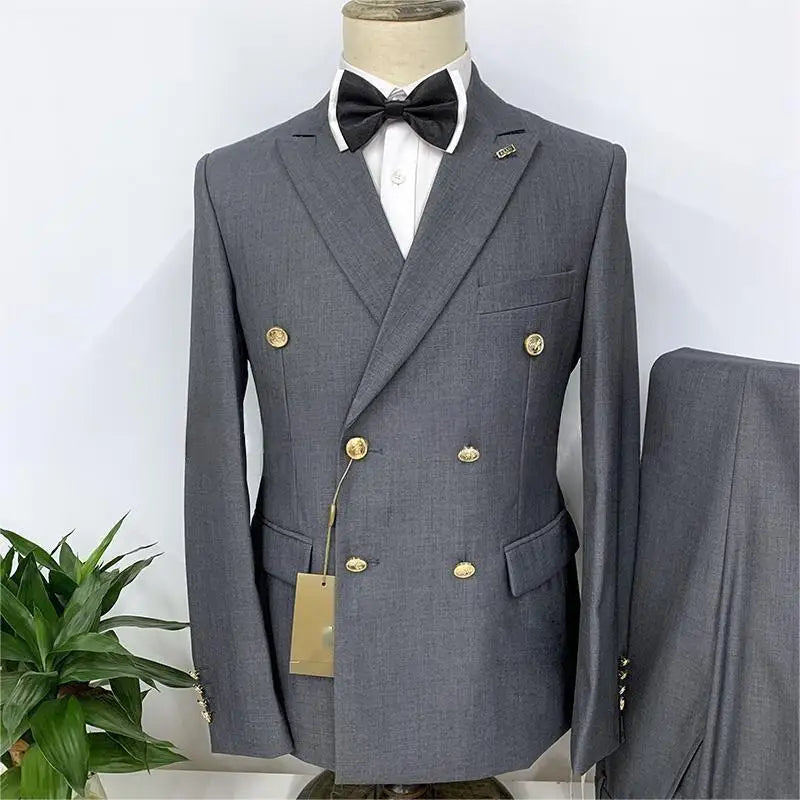 2024 Formal Business 2 Pieces Mens Suit Brown Tuxedos Double-breasted Metal Jacket for Wedding Groom(Blazer+Pants)