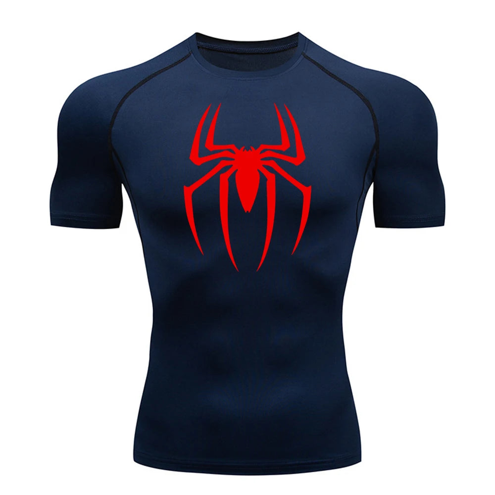 2024Men's Spider Print Compression Shirt, Quick Dry T-Shirt, Gym Running Jersey, Breathable Short Sleeve, Spring, Summer, M-3XL