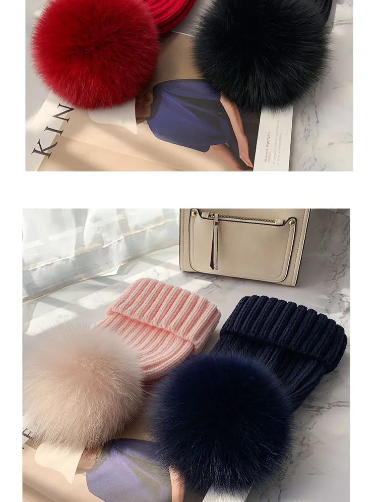 2025 New natural fur pom pom hat fashion winter hat for girl women warm beanies High quality fox fur hat