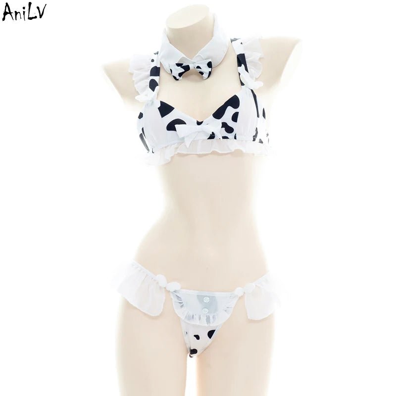 Women’s Kawaii Cow Maid Swimsuit Cosplay Set
