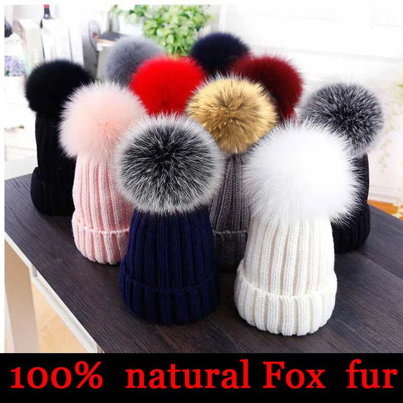 2025 New natural fur pom pom hat fashion winter hat for girl women warm beanies High quality fox fur hat