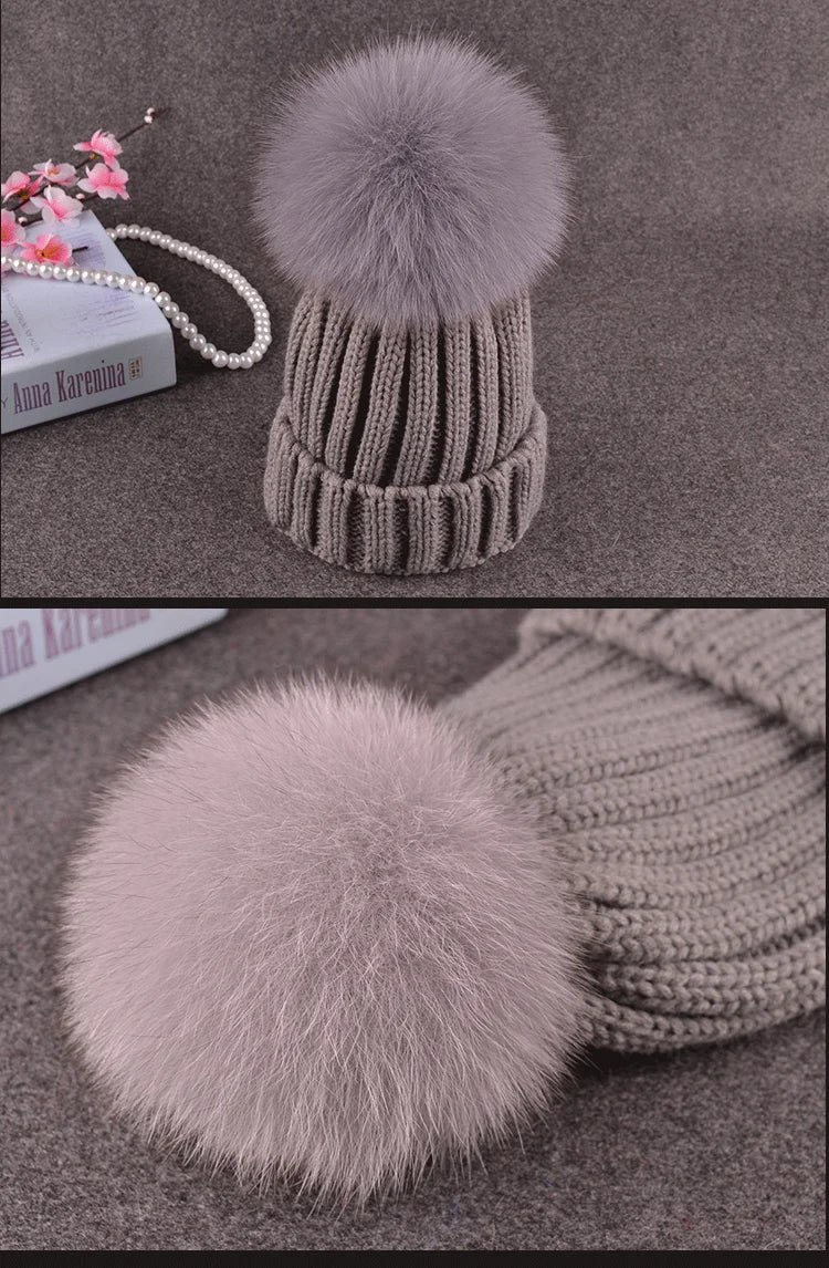 2025 New natural fur pom pom hat fashion winter hat for girl women warm beanies High quality fox fur hat