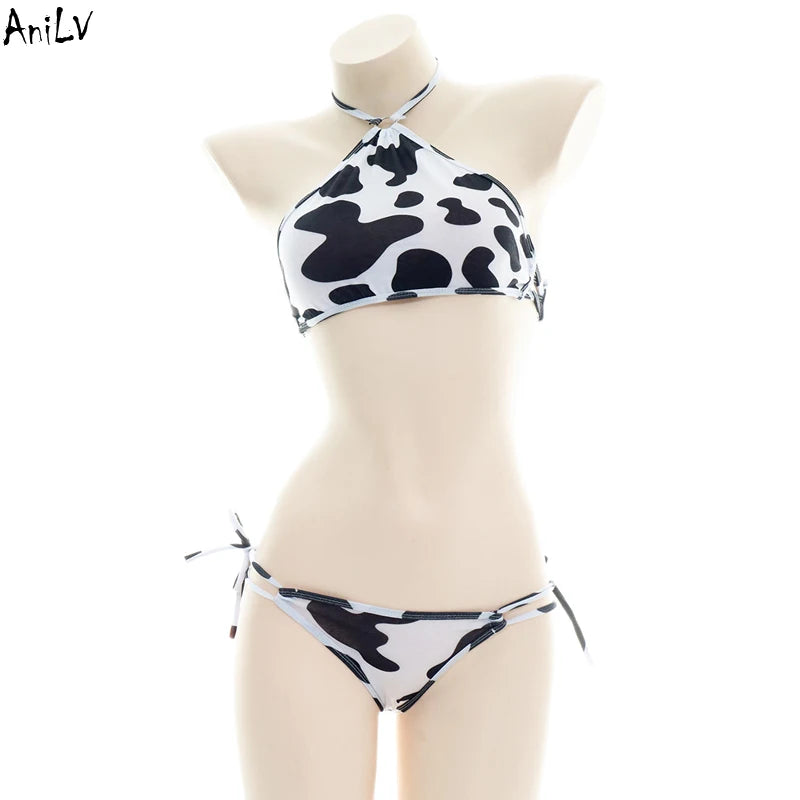 Women’s Kawaii Cow Maid Swimsuit Cosplay Set