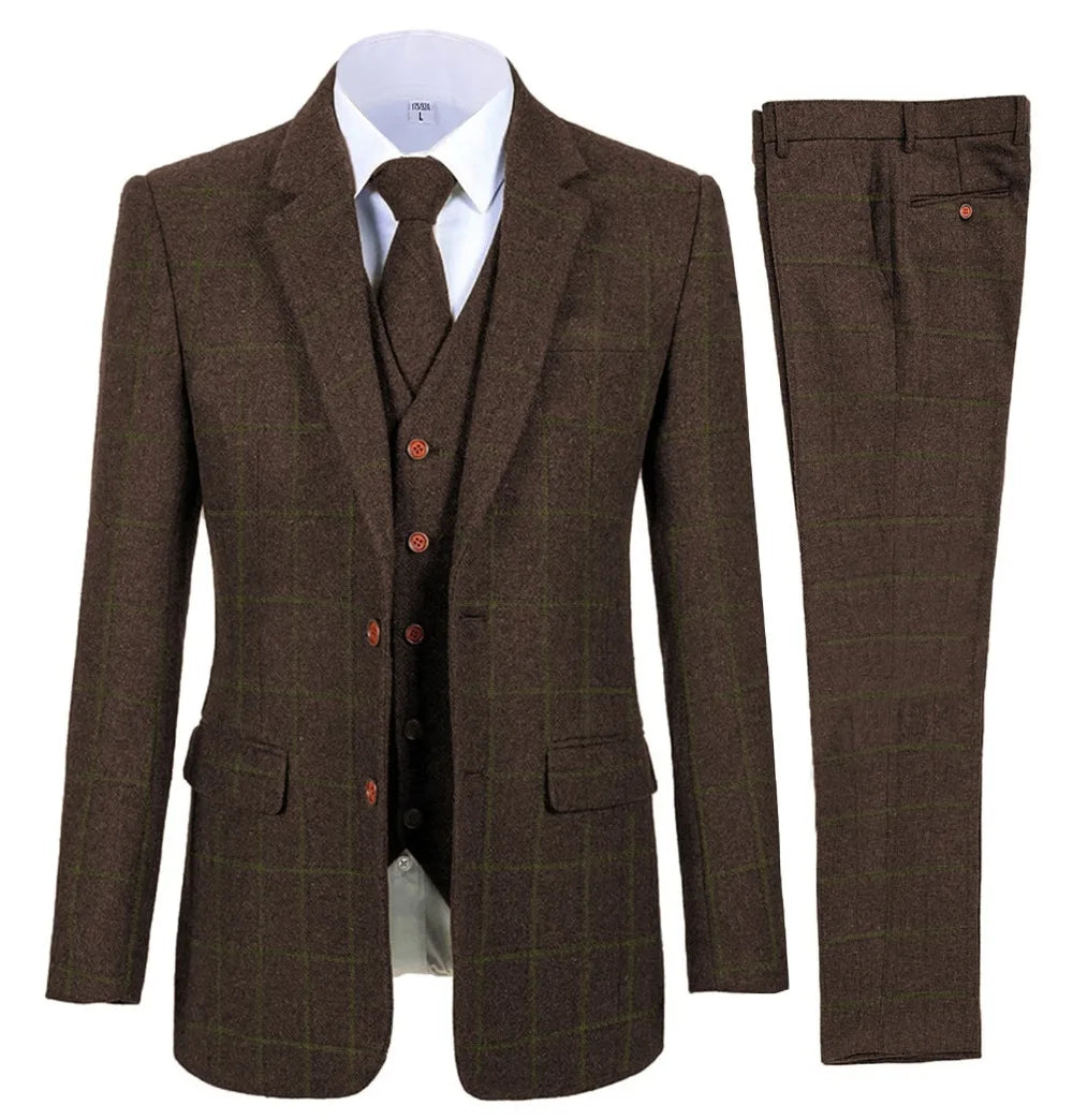 Men's 3 Piece Suits Bussiness Formal Notch Lapel Groomsmen Woolen Plaid Tuxedos for Party Activities Wedding (Blazer+Vest+Pant)