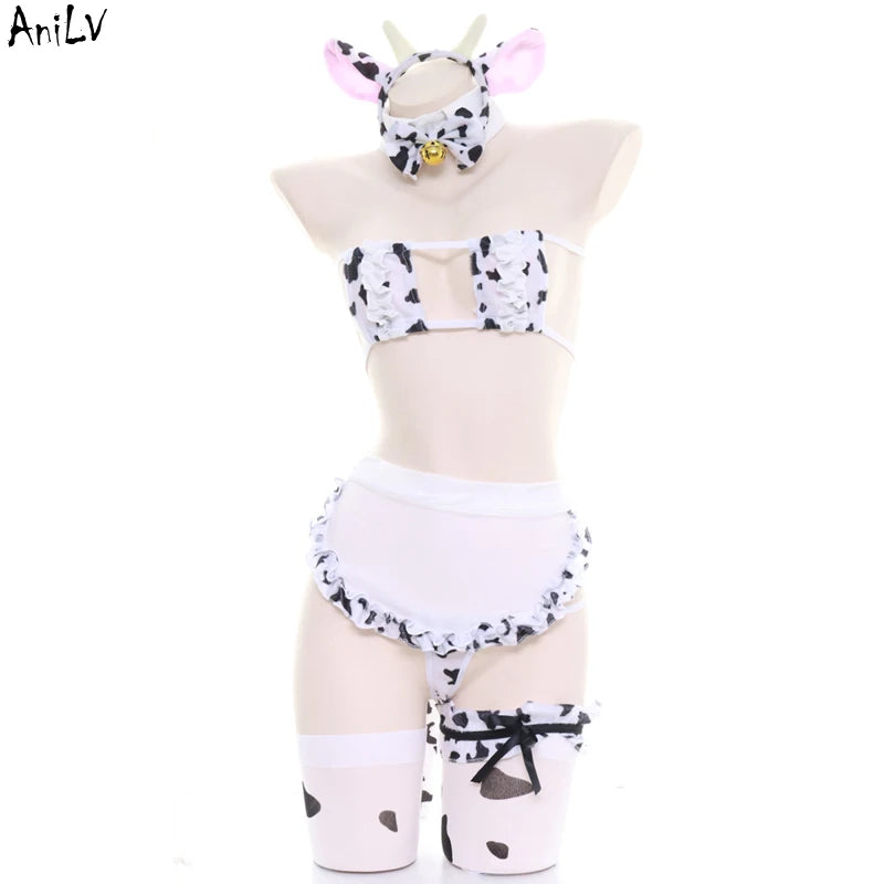 Women’s Kawaii Cow Maid Swimsuit Cosplay Set