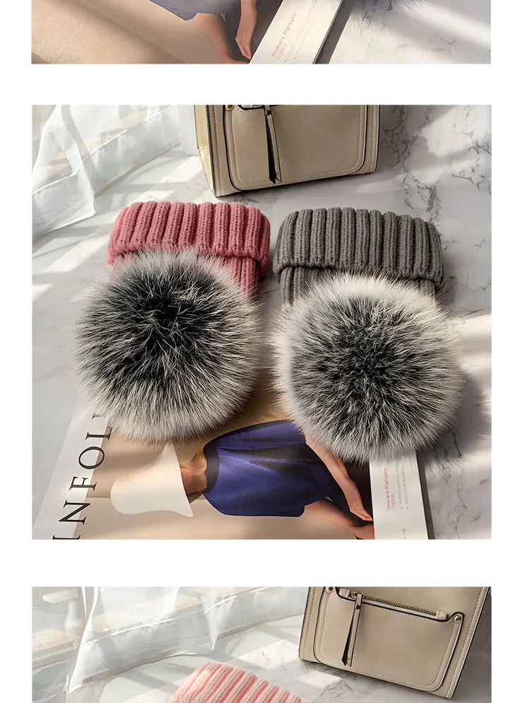2025 New natural fur pom pom hat fashion winter hat for girl women warm beanies High quality fox fur hat