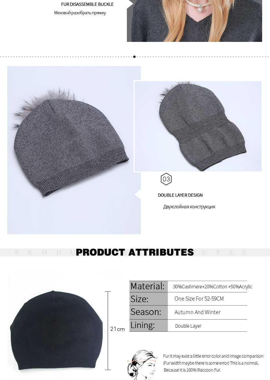 Autumn Winter Knitted Wool Hats For Women Fashion Pompon Beanies Fur Hat Female Warm Caps With Natural Genuine Raccoon Fur Cap