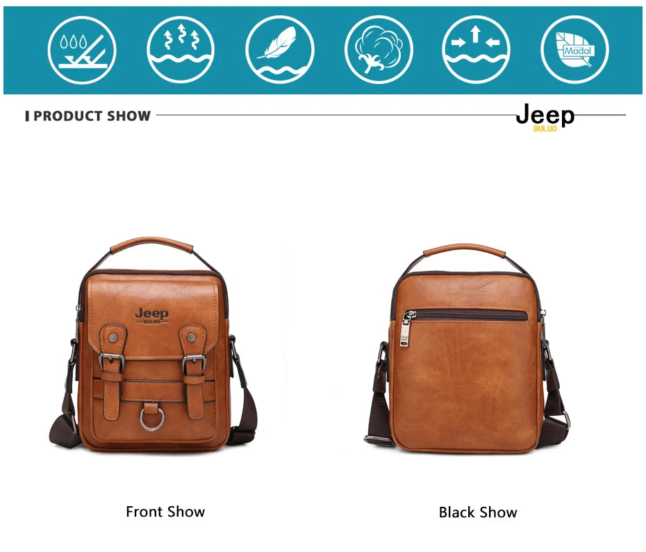 JEEP BULUO Multi-Function Business Handbag for Men – Large Capacity Leather Messenger Shoulder & Crossbody Bag