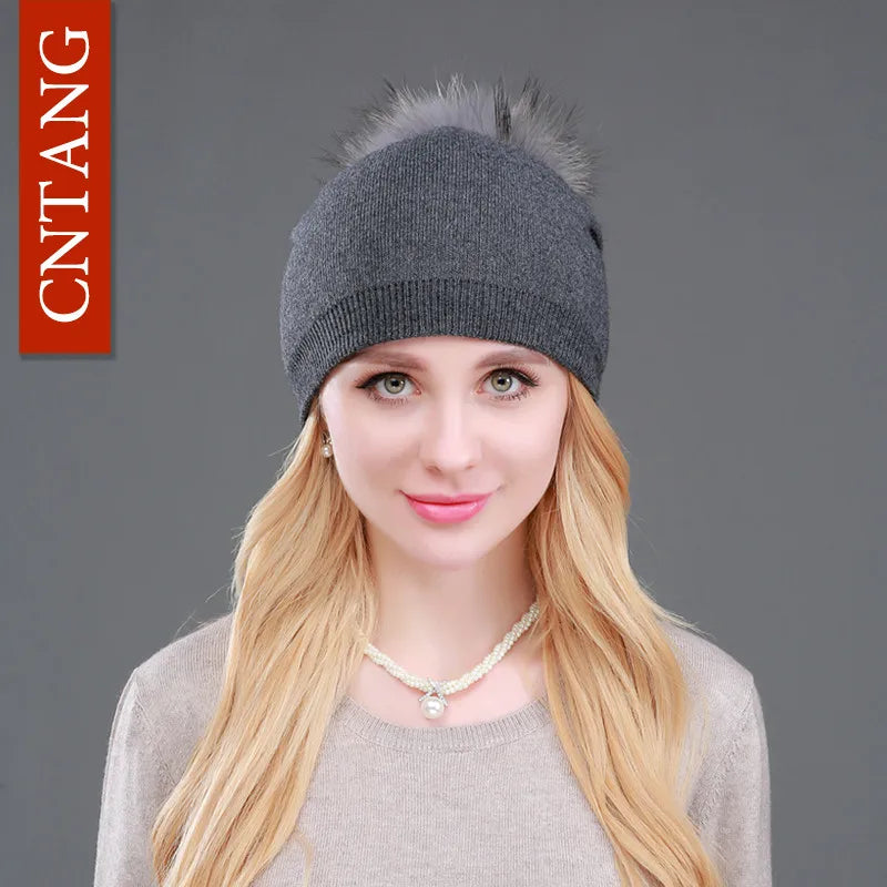Autumn Winter Knitted Wool Hats For Women Fashion Pompon Beanies Fur Hat Female Warm Caps With Natural Genuine Raccoon Fur Cap