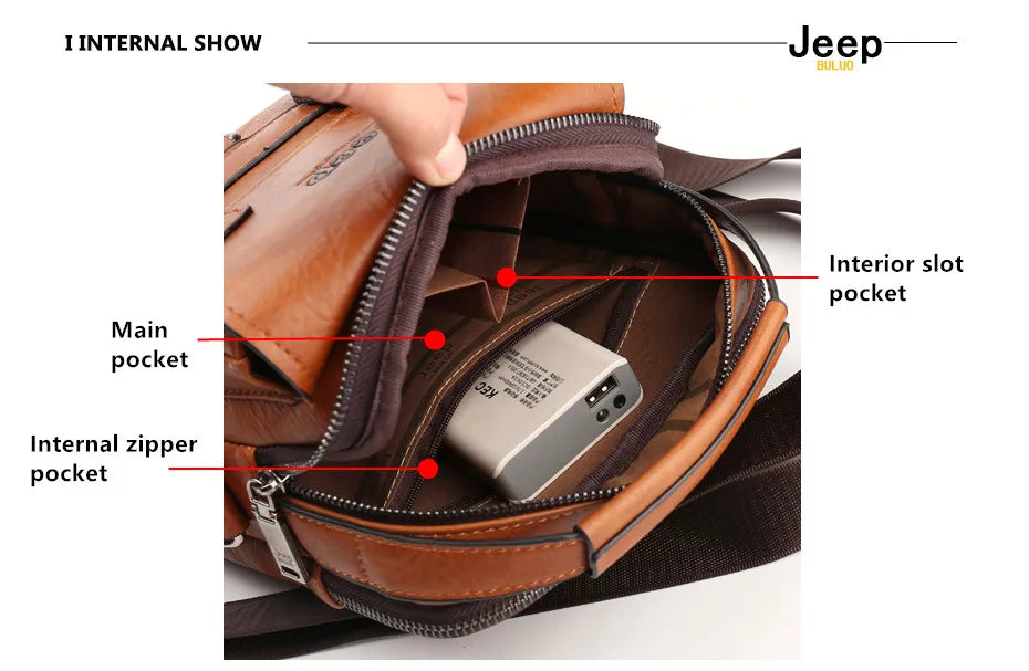 JEEP BULUO Multi-Function Business Handbag for Men – Large Capacity Leather Messenger Shoulder & Crossbody Bag