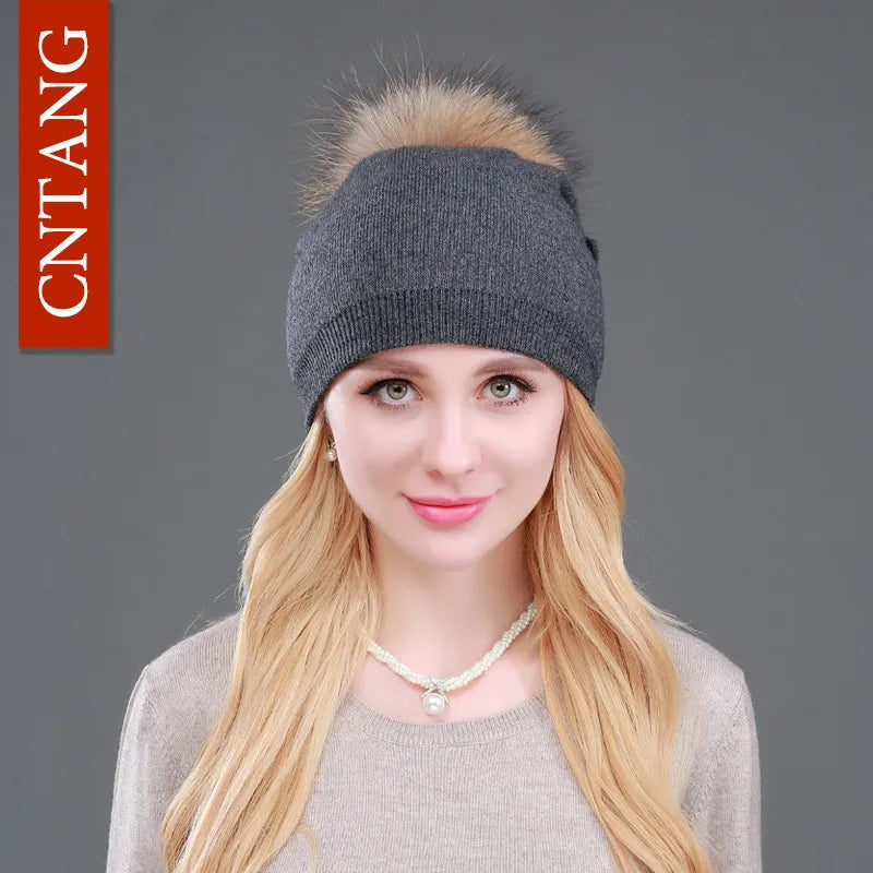 Autumn Winter Knitted Wool Hats For Women Fashion Pompon Beanies Fur Hat Female Warm Caps With Natural Genuine Raccoon Fur Cap