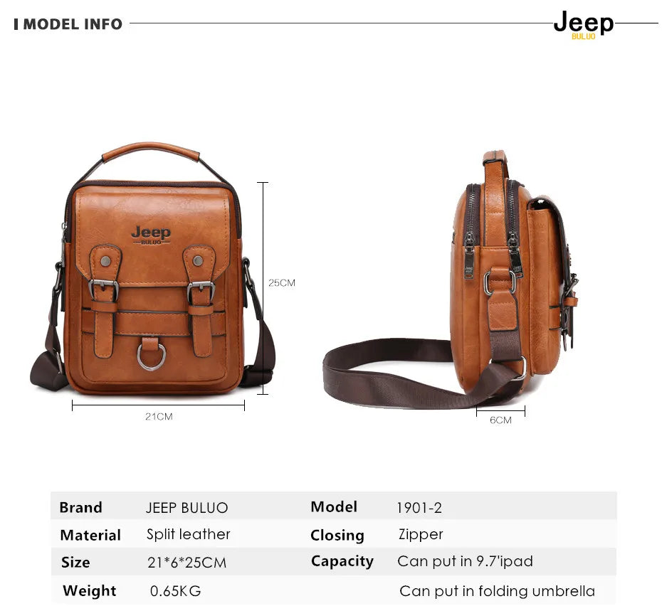 JEEP BULUO Multi-Function Business Handbag for Men – Large Capacity Leather Messenger Shoulder & Crossbody Bag