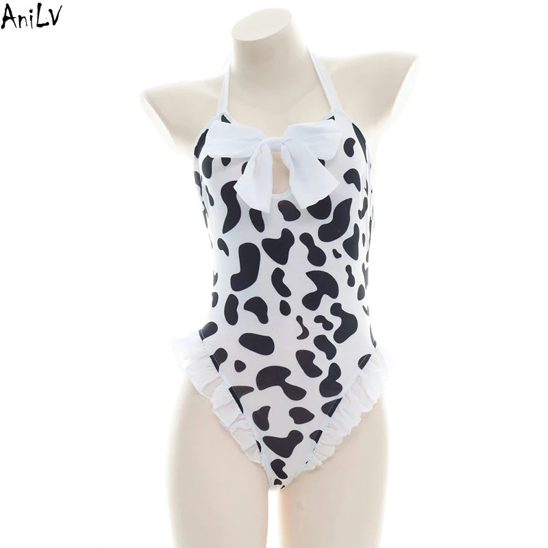 Women’s Kawaii Cow Maid Swimsuit Cosplay Set