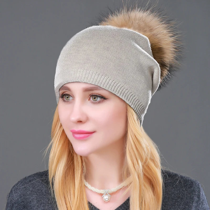 Autumn Winter Knitted Wool Hats For Women Fashion Pompon Beanies Fur Hat Female Warm Caps With Natural Genuine Raccoon Fur Cap