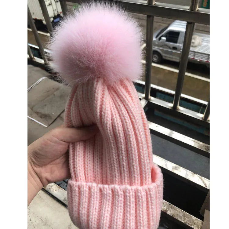 2025 New natural fur pom pom hat fashion winter hat for girl women warm beanies High quality fox fur hat