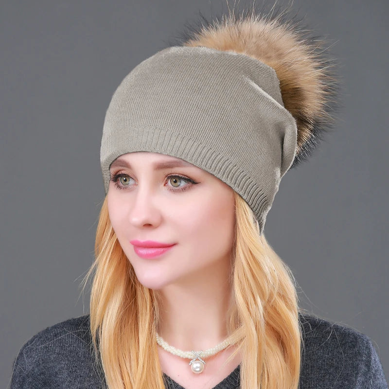 Autumn Winter Knitted Wool Hats For Women Fashion Pompon Beanies Fur Hat Female Warm Caps With Natural Genuine Raccoon Fur Cap