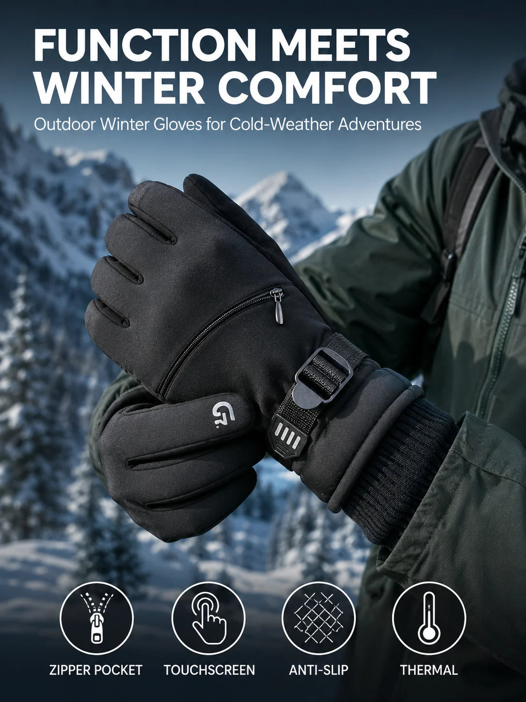 Outdoor Winter Gloves Men Women Thermal Touchscreen Water Resistant Anti Slip Zipper Pocket Gloves for Hiking Cycling