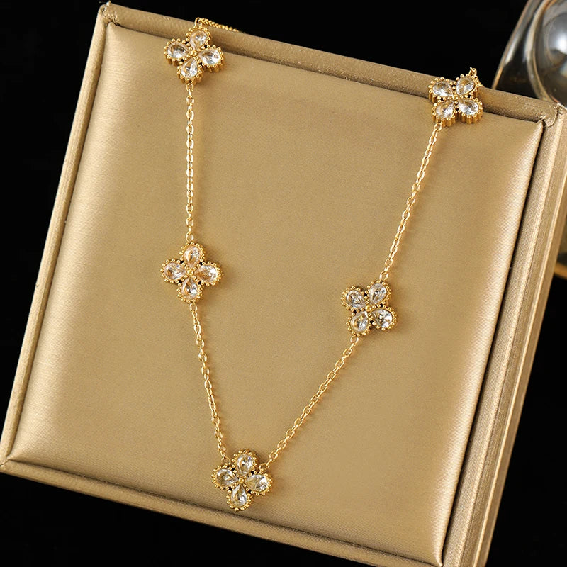 EILIECK 316L Stainless Steel White Zirconia Flower Petal Necklace Bracelet & Earrings Set for Women – Trendy Jewelry Party Gift
