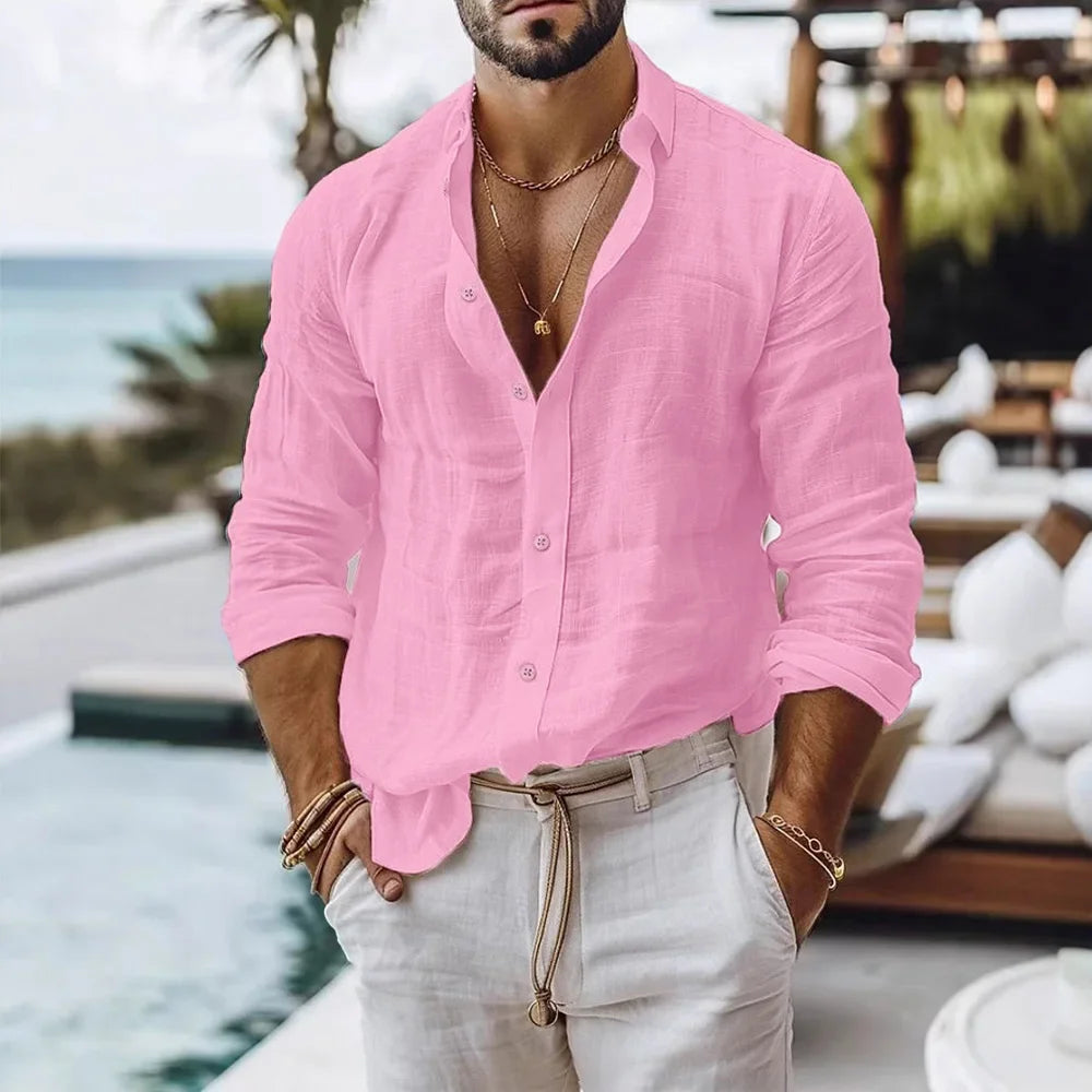 Men's Lightweight Cotton Linen Button-Down Beach Shirt