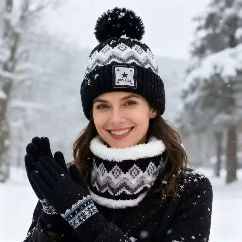 2PCS Winter Women Plush Velvet Hats Neck Warmer Hat Scarf Set Beanies Cycling Windproof Hat Outdoor Ear Protection Outdoor