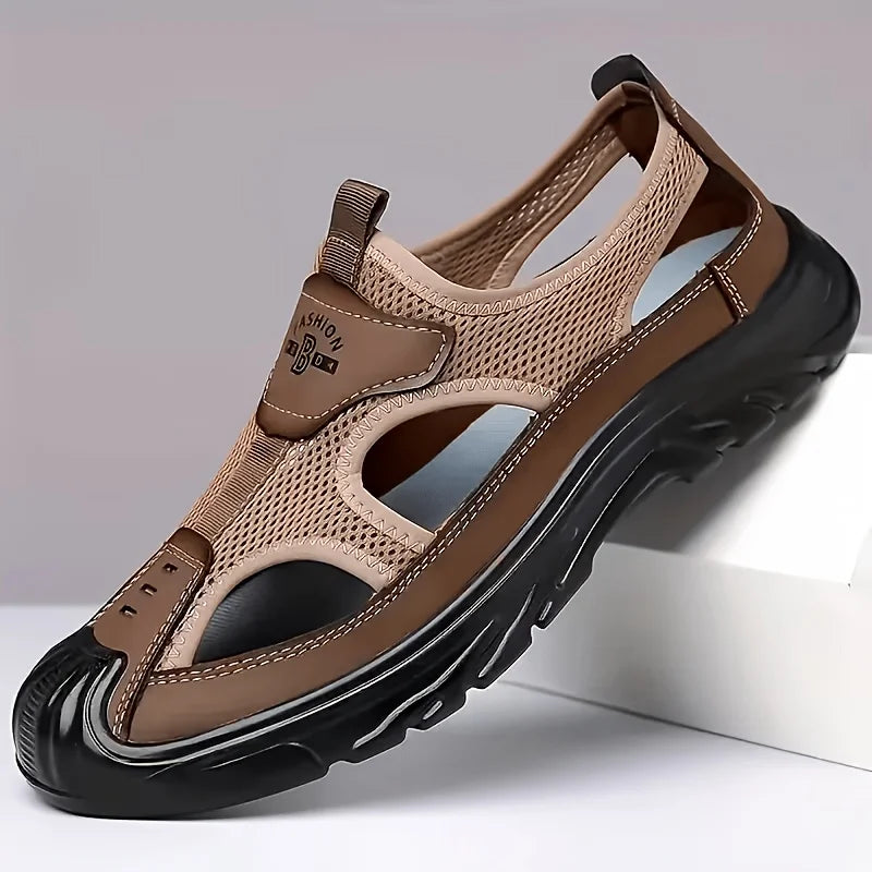 Men Closed Toe Hiking Sandals 2026 New Breathable Mesh Leather Slip On Outdoor Water Shoes Non Slip Thick Sole Beach Walking Sandals Black Brown Two Color Comfort Casual Footwear For Driving Fishing Travel Camping Daily Summe