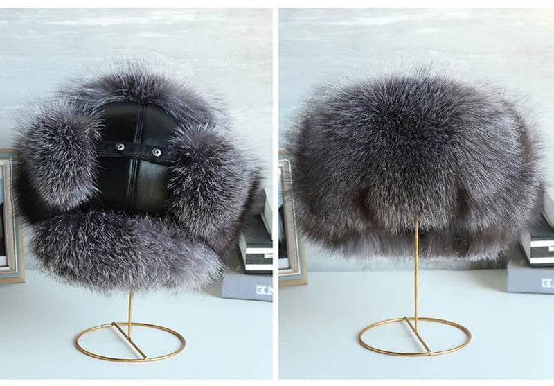 Natural Raccoon Fur Hat Women Black Fox Fur Russian Ushanka Hats Winter Warm Ears Bomber Cap