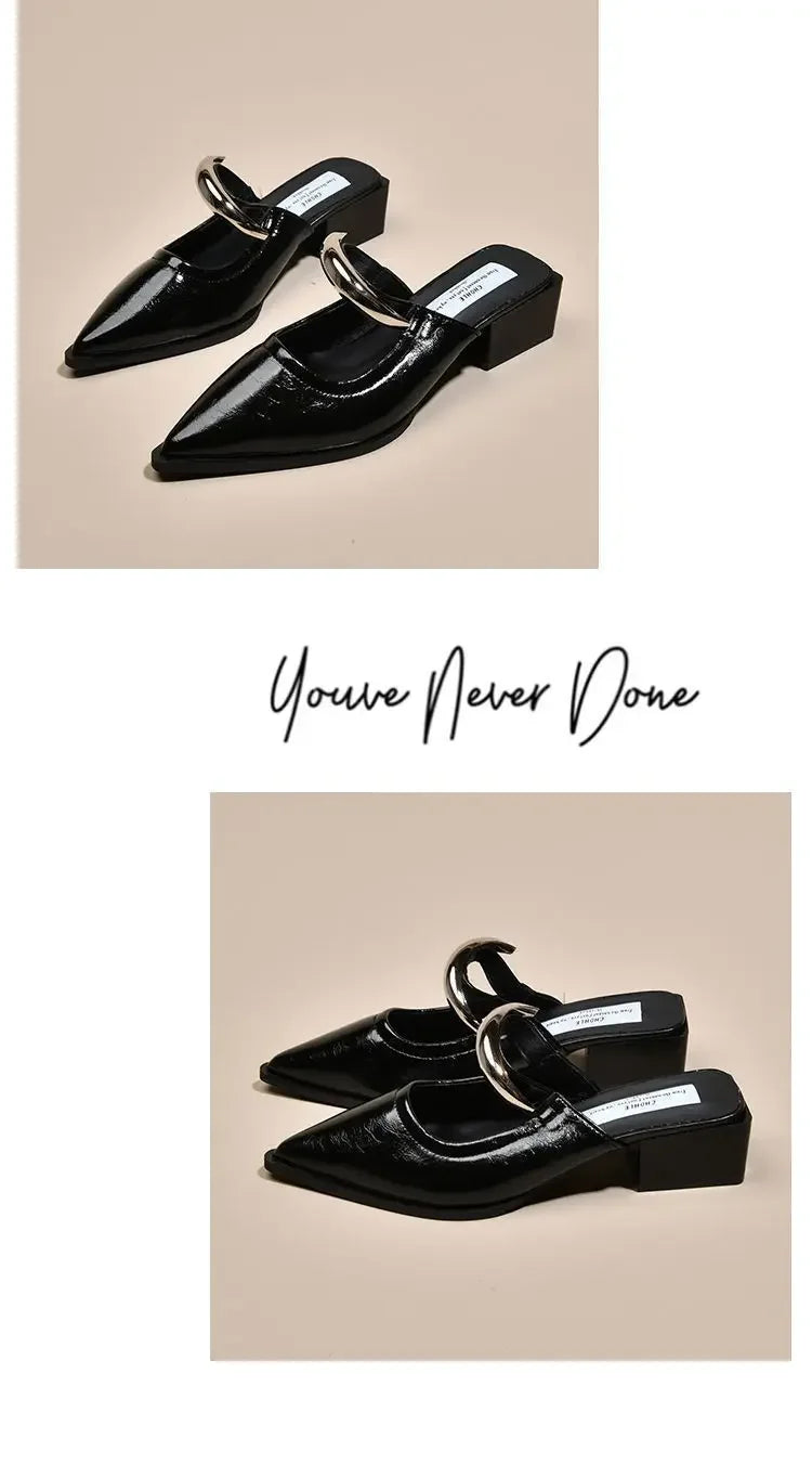 2026 New Women Cover Toe Mules Slippers Fashion Metal Decoration Thick Heel Slide Shoes Comfort Street Style Footwear