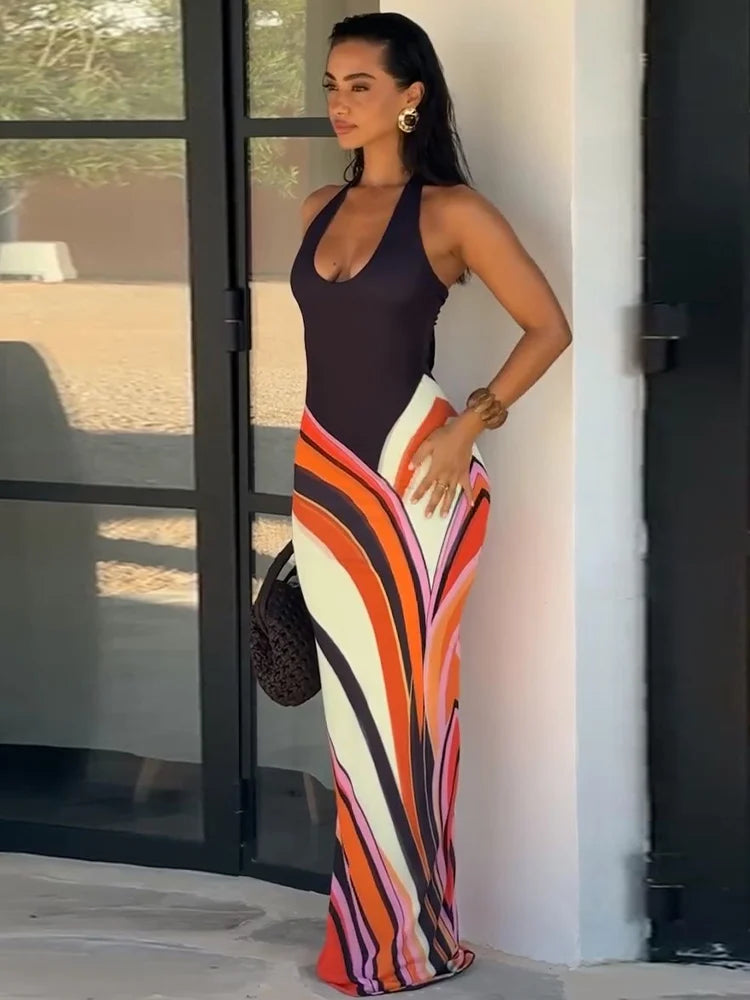Women’s Sexy Printed Deep V-Neck Backless Maxi Dress