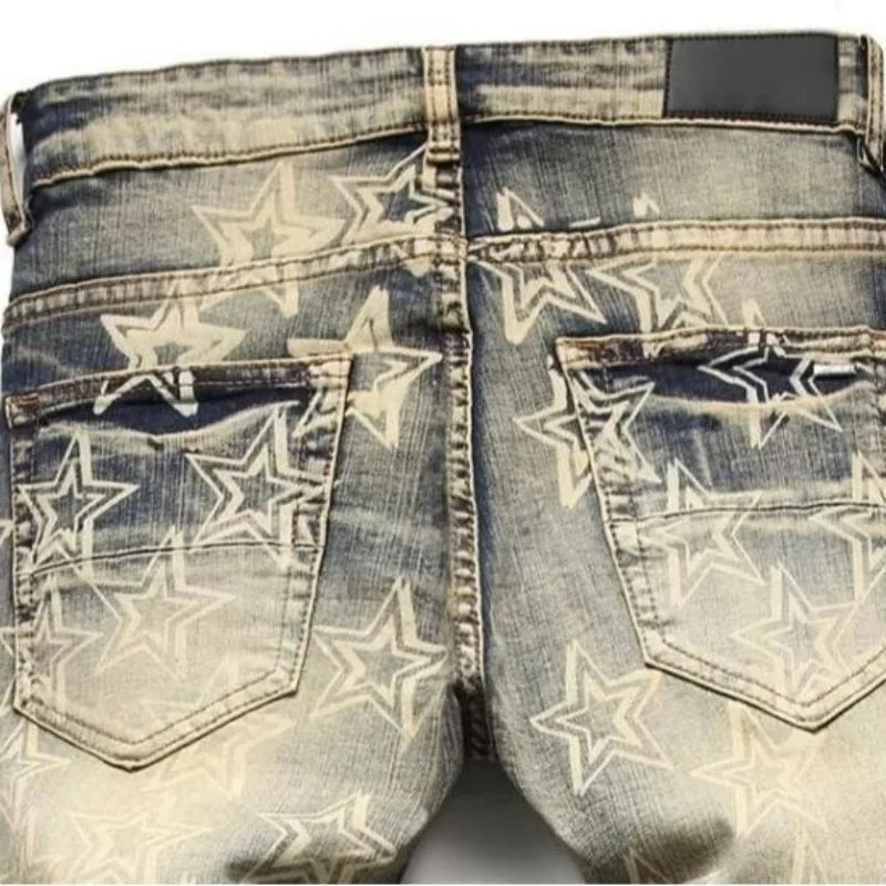 High street trendy brand new men's retro distressed distressed jeans patch slim fit leggings