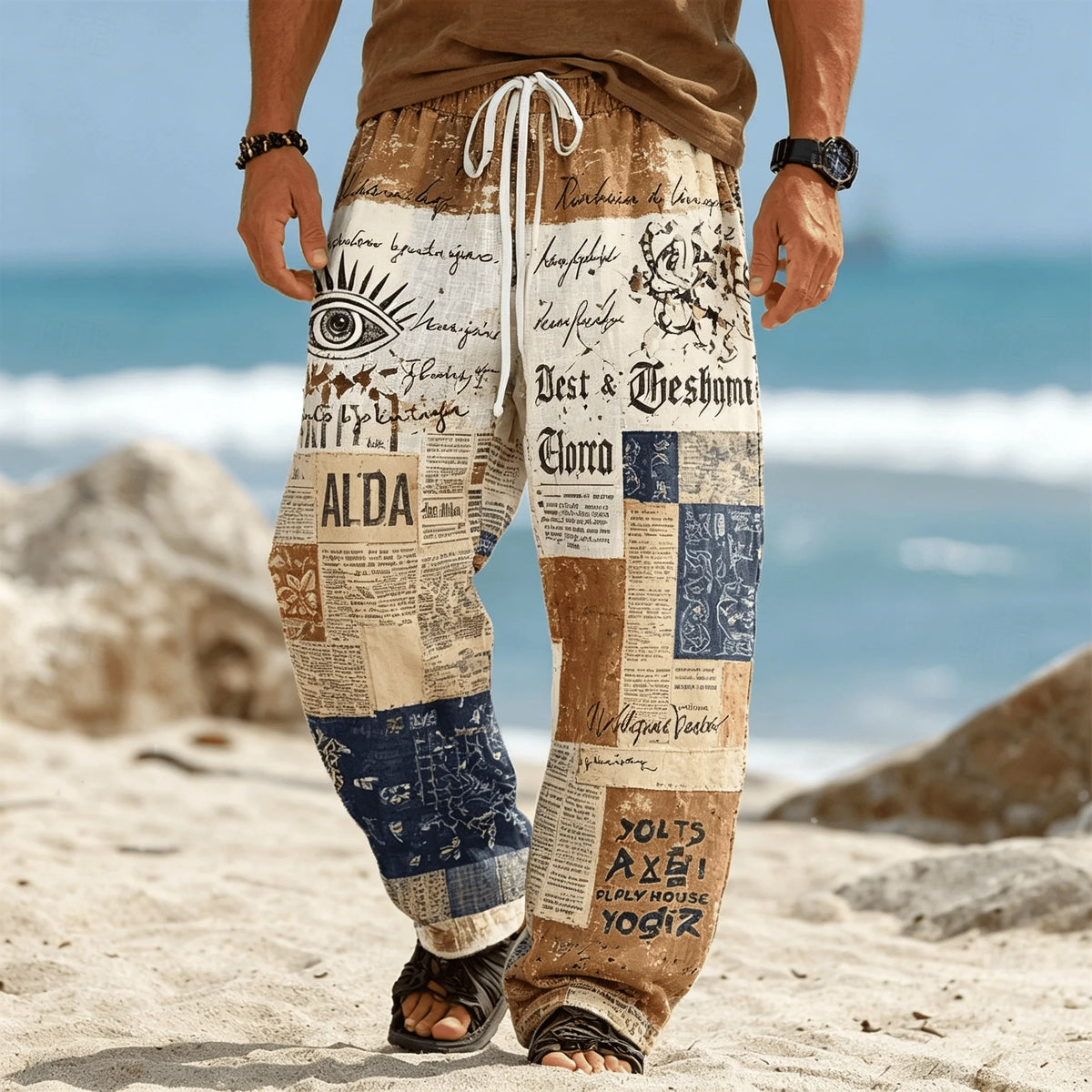 Men's Ethnic Tribal Patchwork Print Drawstring Pants, Casual Boho Trousers for Summer Beach & Vacation